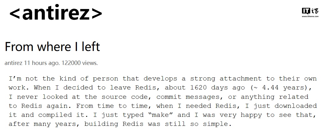 Redis 创始人 antirez 离开 1620 天后宣布回归，讨论解决社区分裂问题