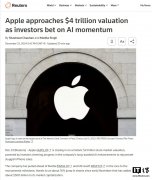 华尔街看好 Apple Intelligence 发展势头，苹果公司市值逼近 4 万亿美元